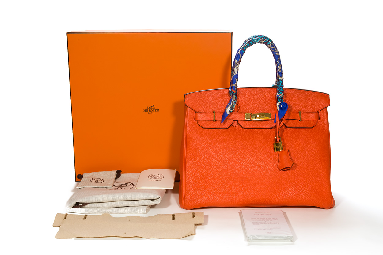 Authentic Hermes Birkin Taurillon Clemence 35cm Orange Poppy Leather  Handbag With Twilly Scarves & Gold Hardware