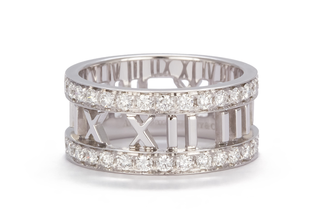 Tiffany & Co. Open ATLAS Roman Numeral 18k White Gold & Diamond Wide Ring
